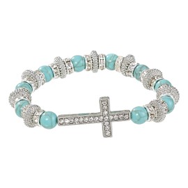 Madison Tyler Religious Prayer Bracelet For Women | Religious Jewelry Gift for Women Christian Gift | Silver and Turquoise Sideways Cross Stretch Bracelet