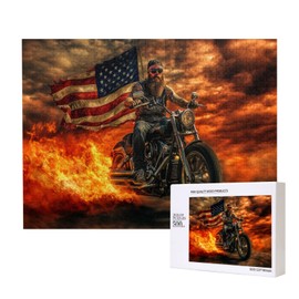 Vextrovia Puzzles for Adults 500 Pieces, Motorcycles and Flags in Flames, Vintage Classic Aesthetics, Americana Illustrations, Party Brainstorming, Party Games, Stress Relief, Delightful