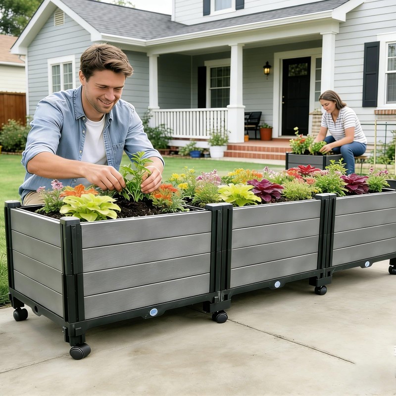 Ywie up Triple Compartment Elevated Raised Garden Bed with Wheels,