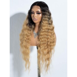 Joedir Long Deep Curly Wavy Lace Front Synthetic Wigs for Women Glueless Lace Wig Middle Part Natural Looking Heat Resistant Fibre Wig