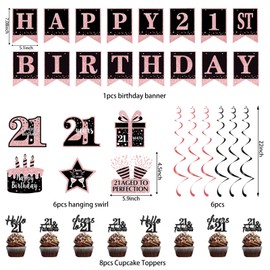 Trgowaul 21st Birthday Decorations for Her, 22pcs Rose Gold Happy Birthday Party Supplies, Backdrop, Hanging Swirl Flag, Paper cupcake toppers, Balloons, Cheers to 21 Year Old Set for Women