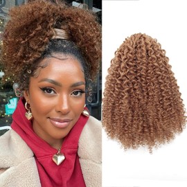 GOTEFERBE Kinky Curly Drawstring Ponytail Golden Blonde Synthetic Afro Curl Hair Extension for Women 12 Inch Shiny Springy Curls No Frizz Easy to Wear #27
