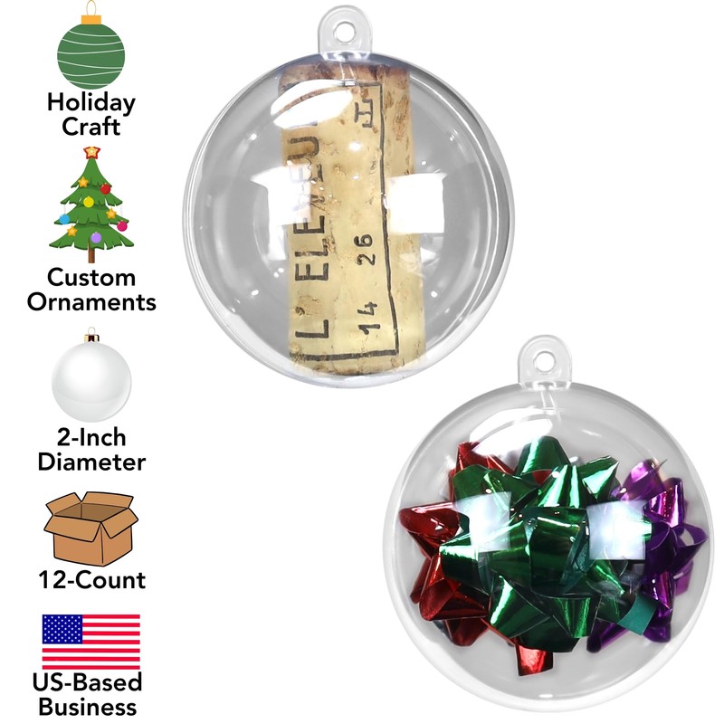 Iconikal Fillable Craft Clear Plastic Ball Ornament, 12-Pack (2-Inch (5cm))