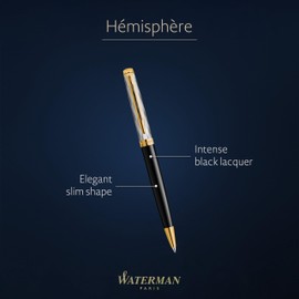 Waterman Hémisphère Ballpoint Pen | Metal and Black Lacquer with Gold Trims, Chiselled Cap | Medium Tip | Gift Box