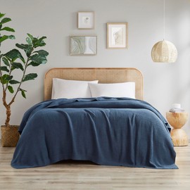 INK+IVY Bree Knit Throw Blanket for Bed, Sofa, and Couch, Lightweight, Breathable, Soft & Cozy Summer Blanket, Full/Queen (90 in x 90 in), Indigo