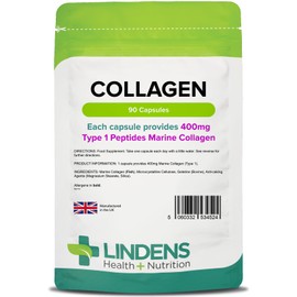 Lindens Collagen (Marine) 400mg Capsules - 90 Pack - Marine Source Hydrolysed Collagen in A Rapid-Release Capsule for Maximum Absorption - UK Manufacturer