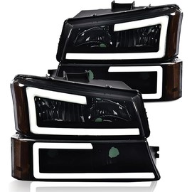 G-PLUS LED DRL Headlights, Compatible with Chevy Silverado 1500 2500 3500&HD 2003 2004 2005 2006/Fit Chevy Avalanche 2003-2006 Bumper Headlamp,faro Smoky lens Black Housing Amber Reflector