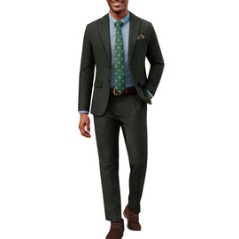 PJ PAUL JONES Men's 2 Pieces Suit Retro Peak Lapel Tuxedos Casual Tweed Herringbone Suit Jacket Pants Army Green