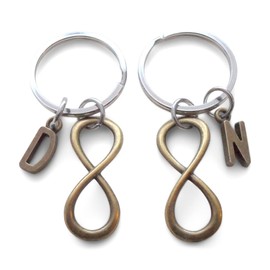 Custom 2 Bronze Infinity Keychains with Initial Charms for Couples or Best Friends, Anniversary Gift Keychains
