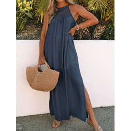 FARORO Sundress for Women Long Maxi Dresses Double Layers Bohemian Halter Dress Crochet Strap Gown Hollow Out Cover Up Navy