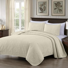 Chezmoi Collection Austin 3-Piece Oversized Bedspread Coverlet Set (King, Ivory)