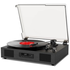 Record Player Bluetooth Turntable with Built-in Speaker, USB Recording Audio Music Vintage Portable Turntable for Vinyl Records 3 Speed, LP Phonograph Record Player, Black