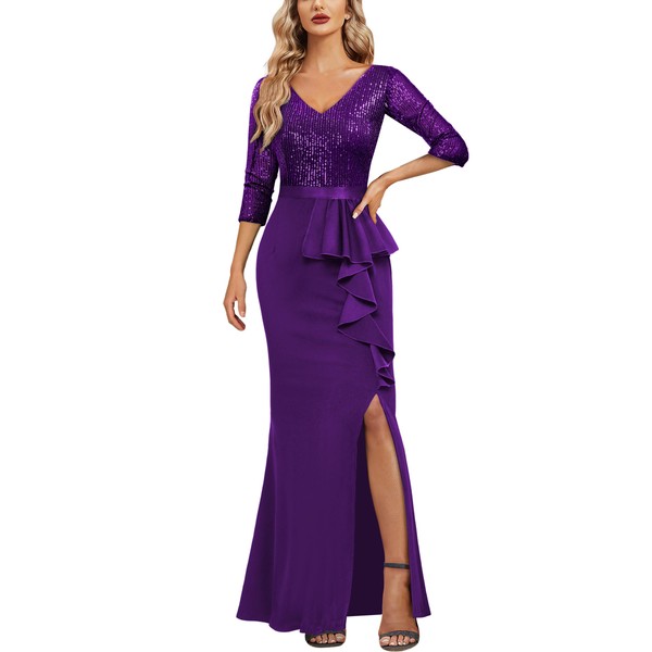 MISSMAY Women's Elegant Sequin V-Neck Evening Party Mermaid Long Dress