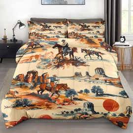 Pamnest Comforter Set Queen Size, Vintage Western Cowboy Soft 3 Pcs Bedding for Kids and Adults West Horse Desert Comforter Set with 2 Pillowcases for Bedroom Bed Decor