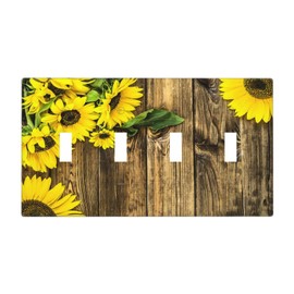 Yellow Flower Sunflower Country Wood 4 Gang Quad Toggle Device Light Switch Cover Wall Plate Decorative Electrical Faceplate Large Size Outlet Covers