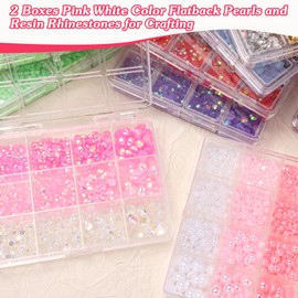 2 Boxes Pink White Flatback Pearls and Resin Rhinestones for Crafting, 3-6 mm Jelly Rhinestones, Mixed Size Half Pearl Bedazzling Gems for Nail DIY Crafts Mugs Bottles Tumblers Clothes Makeup