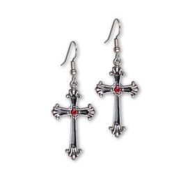 Gothic Victorian Cross Dangle Earrings with Red Austrian Crystals