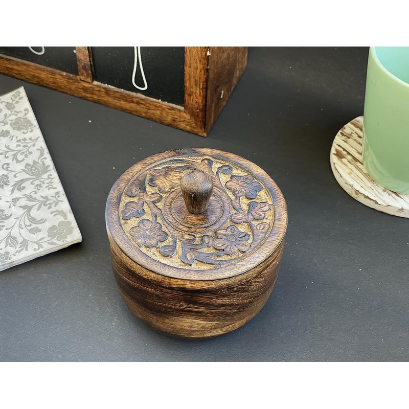 KPAVIR Rustic Salt Box with Hand Carved Lid & Spoon,