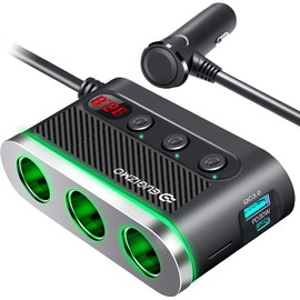 Eugizmo - Adaptador de cargador de coche de 3 zócalos tipo C PD 30 W y QC3.0 interruptores independientes de carga LED, voltímetro de 12 V/24 V (cable de 0,7 m)