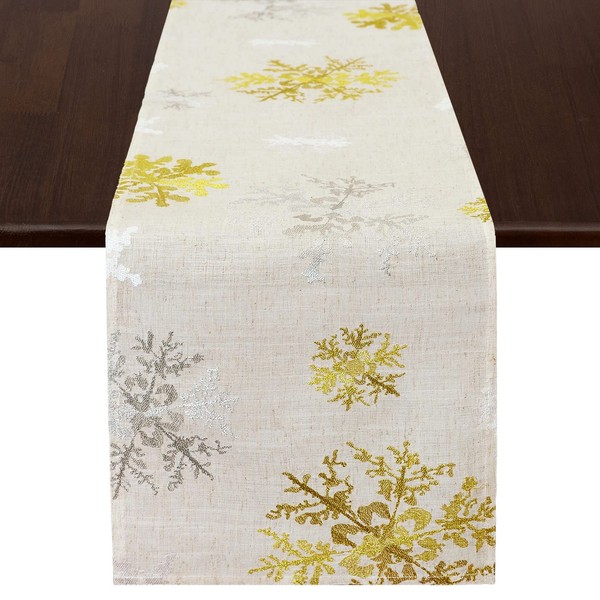 Grelucgo Embroidered Christmas Holiday Silver and Gold Snowflakes Table Runner
