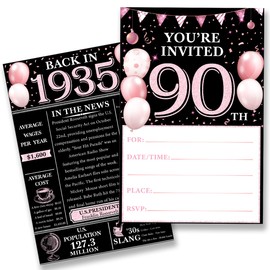QZJ 90th Birthday Party Invitations for Women Men - Back in 1935 Invites Pink 90 Year Old Birthday Invitations Set (20 Invites and Envelopes)