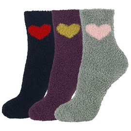 KONY Women's Warm Fuzzy Socks Non Slip, Heart Pattern Thick Warm Soft Cozy Fluffy Winter Hospital Socks