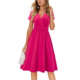 Newshows Sundresses for Women 2024 Summer Spring Hot Pink Dress Short Sleeve V-Neck Faux Wrap Casual Midi Dress with Pockets(Rose,Medium)