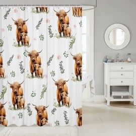 Highland - Cortina de ducha de vacas de 72 x 72 pulgadas para niñas y niños, linda cortina de baño de animales de granja, cortinas de baño de ganado, toro, decoración de recámara occidental, flores rosadas, hojas verdes, accesorios de baño