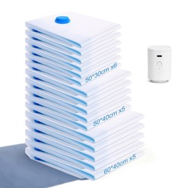 Owfeel 16 Pack Travel Vacuum Bags With Wireless Pump, Portable Compression Bags for Travel, Space Saver Vacuum Seal Bags for Clothing, Luggage, Pillows, Comforters, Reusable & Durable (16 PCS)