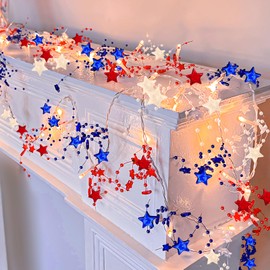 [Timer] 2Pack 4th of July Decorations Red White and Blue Lights, Fourth of July Stars Garland Bead String Lights Total 13Ft 40LED Patriotic Lights Battery Operated Bedroom Decor Home Indoor Outdoor