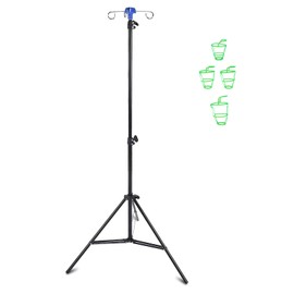 IV Intravenous Foldable Pole Stand, Portable Collapsible IV Pole Stand 4 Hook 3 Leg, IV Poles with 4 Hanging nets for Wheelchair Infusion Stand for Hospitals Clinics Wheelchairs and Beds (Black)