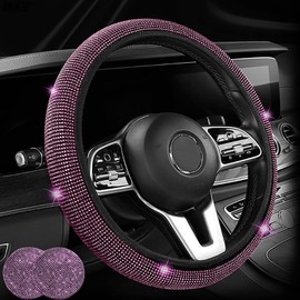 15in Car Steering Wheel Cover, Universal Rhinestones Wheel Cover Protector with Crystal Bling Coaster, Anti- Slip, Breathable, Odorless Steering Wheel Cover for Summer (Pink)