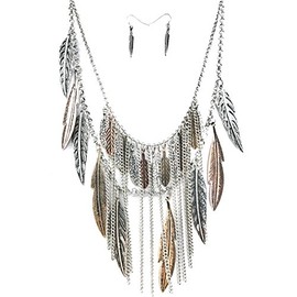 Western Peak Bohemian Tritone Tassels Metal Feathers Necklace with Earrings (Tritone)
