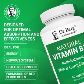 Dr. Berg Natural Vitamin B12 1000 mcg with B Complex Blend - Methylcobalamin B12 for Energy, Nerve Health, and Cognitive Function* - Methylated B12 with Folate - 60 Capsules (2-Month Supply)