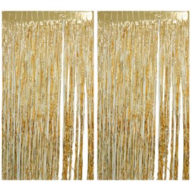 2Pcs Champagne Gold Tinsel Curtains, Tassel Door Hanging Gold Backdrop Curtain, Foil Curtain for Birthday Wedding Holiday Party, 2m