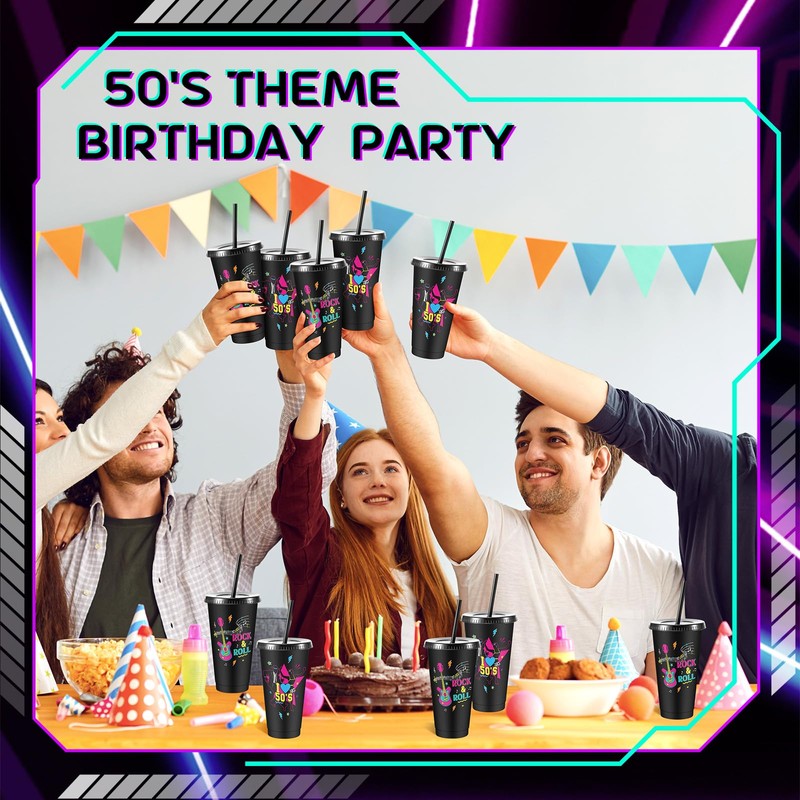 Uiifan 16 Pcs 50's Party Decorations 1950's Reusable Cups with