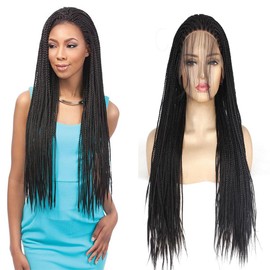 Lace Front Braided Wig, Hand-Braided Box Braided Wigs with Baby Hair, Micro Braided Soft Wig, Synthetic Heat-Resistant Fibre Lace Frontal Wig (Style 2 Black, 24 Inches)