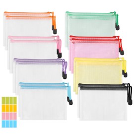 Pack of 16 A6 Coloured Net Document Bags, PVC Plastic Zip Pockets, Waterproof Document Bag for Documents, Files, Cosmetics (8 Colours)