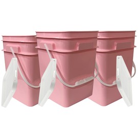 House Naturals 4 Gallon Square Food Grade Bucket Pail with Plastic Handles and Lid (Pack of 3) Made in USA containers (Pink - White lids)