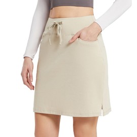 BALEAF Women's Skorts Skirts 20" Knee Length Cotton Casual High Waist Drawstring Modest Golf Skort with Pocket Khaki L