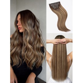 LUVME Straight Seamless 110g 7Pcs Clip in Hair Extensions Full Max with 18 inch Remy Human Hair Extensions, Highlight Color 100% Real Soft Human Hair