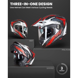 ILM Motorcycle Full Face Modular ATV Helmet Three in One Snowmobile Casco with Pinlock Anti Fog Visor for Men Women DOT Model 909F(Red White M)