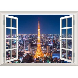 Painting Style Wallpaper Poster (Removable Sticker) -View of the Window- Tokyo Tower Night View [Window Specifications/Trick Art] Characro TKT-005MA2 (A2 Version 594mm x 420mm) Architectural Wallpaper