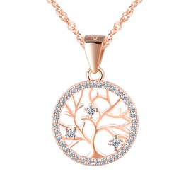 Cubic Zirconia Tree of Life Necklace for Women 925 Sterling Silver Girls Necklace Cute Aesthetic Pendant Necklace Ladies Necklaces and Pendants Jewellery for Her Mom Wife Girlfriend Families Rosegold