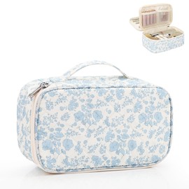 Twofold Travel Makeup Bag with Brush Holder, Dual-Layer Small Cosmetic Organizer, Portable Toiletry Bag for Accessories Storage, Cute Make Up Bag for Gift, Trip, Camp, Daily Use - Blue Flower