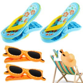mizikuu 4 Pcs Beach Towel Clips, Towel Clips for Sun Loungers Beach Towel Pegs Sunbed Towel Clips Slipper and Sunglasses Beach Towel Clips for Beach Chairs Sun Lounger Home Pool