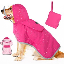 SlowTon Dog Raincoat, Adjustable Dog Rain Jacket Clear Hooded Double Layer, Waterproof Dog Poncho with Reflective Strip Straps and Storage Pocket for Small Medium Large Dogs Puppies(FU XL)