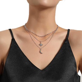 TseenYi Moon Star Layered Necklace Crystal Crescent Star Choker Necklace Small Star Moon Necklace Layering Papercilp Chain Necklace Jewellery for Women and Girls Gifts (Silver)