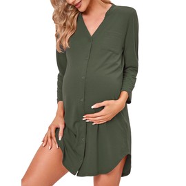 Clearlove Nightdress Women's Birth Nursing Nightdress 3/4 Sleeves Sleepwear Maternity Clothing V-Neck Sleepwear Striped Sleep Shirt with Breastfeeding Function (Reusable Packaging), F-Army Green, M,