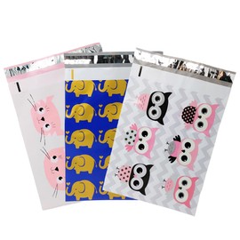 10x13 Owls, Cats, Elephants Poly Mailers Combo Pack, Quality Self Adhesive Shipping Bag Flat Envelopes With Kissy Seal Stickers (100)